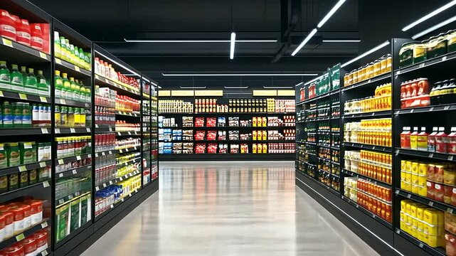 A sleek supermarket aisle featuring shelves filled with neatly stacked products, from household essentials to pantry staples