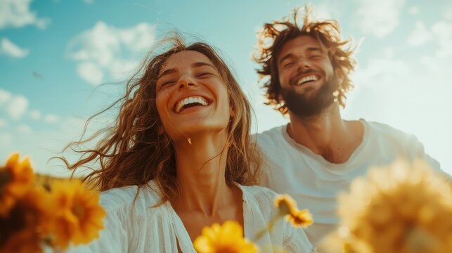 A joyful, laughter-filled moment shared by a couple enjoying each other's company in a sunlit meadow surrounded by bright yellow flowers and a clear blue sky.