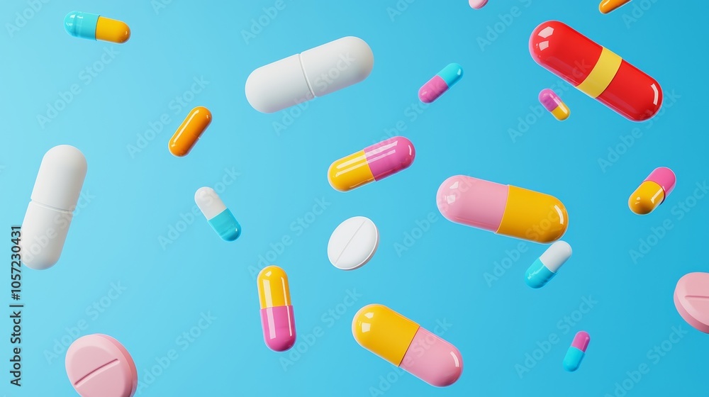 Aufkleber an array of multicolored pharmaceutical pills and capsules representing diversity in healthcare and 