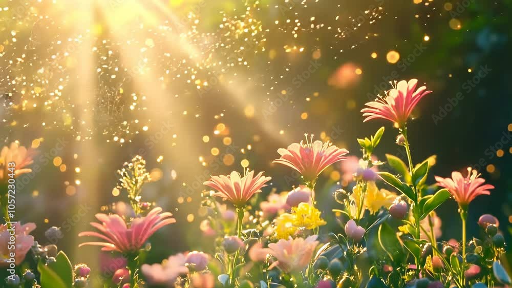 Poster beautiful spring or summer backdrop with flowers, sunlight rays, and floating glowing particles. spa