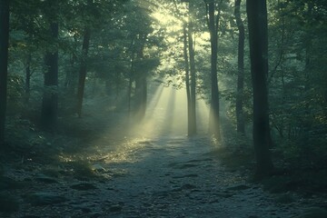 Obraz premium dreamed forest path at dawn A mystical forest path bathed in soft morning light, with wisps of mist floating between the trees.