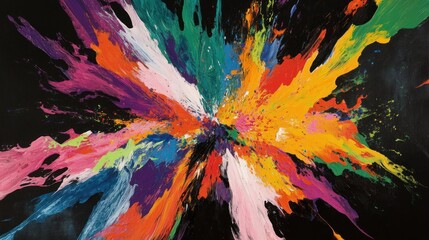 Explosion of vibrant colors on a black background, intense contrast between bold hues and the dark backdrop