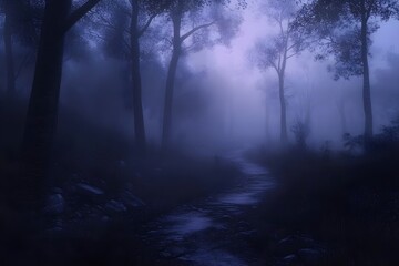 Fototapeta premium dreamed forest path at dawn A mystical forest path bathed in soft morning light, with wisps of mist floating between the trees.