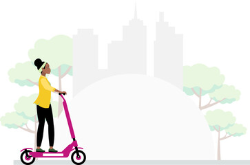 Nations and races. African American woman on a scooter against the backdrop of the city. Modern young fashionable woman with dark skin. © Tatik22