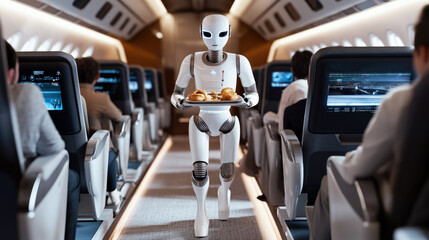 A futuristic scene where a humanoid robot serves food to passengers on a luxury airplane, just like a flight attendant.