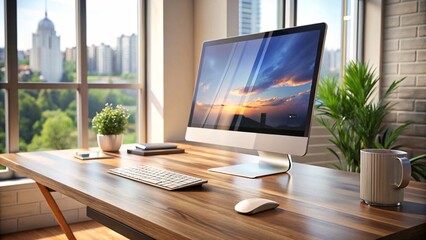 Modern Home Office, Sunset City view, Computer on wood desk, minimalist design V6