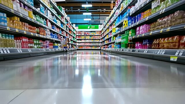 A spacious supermarket aisle with shelves full of diverse, well-organized products