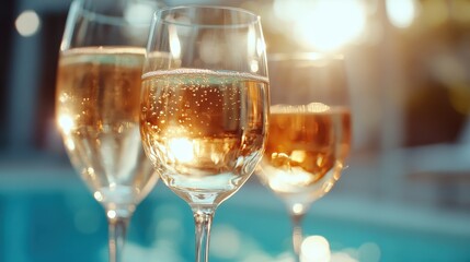A set of three champagne glasses filled with bubbly golden liquid stand by a poolside, reflecting the glistening sunlight, evoking luxury and a celebratory mood.