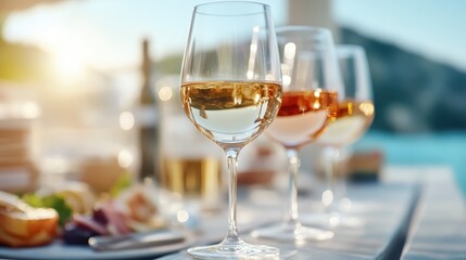 Three wine glasses with varying shades of pastel-colored liquid sit elegantly on a table set against a scenic seaside view, evoking sophistication and tranquility.