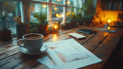 Minimalist workspace with financial report, coffee cup, organized desk, calm atmosphere, productivity focus