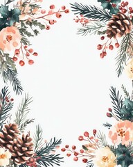 Fototapeta premium Watercolor winter floral frame with a blank white square in the middle