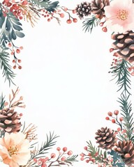 Watercolor winter floral frame with a blank white square in the middle