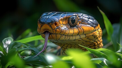 Obraz premium Close-up of a vibrant snake in lush green foliage.