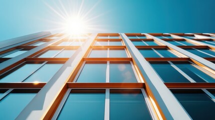 Obraz premium A stunning view of a modern building exterior with sunlight glinting off its many windows, creating a sense of energy and innovation in an urban setting.