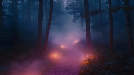 dreamed forest path at dawn A mystical forest path bathed in soft morning light, with wisps of mist floating between the trees.