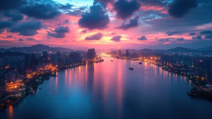 Obraz premium An aerial view of a city at dusk with a river running through it, with a colorful sky in the background.