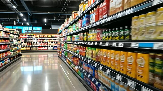 A wide supermarket aisle with well-organized shelves, each filled with an array of brightly colored products