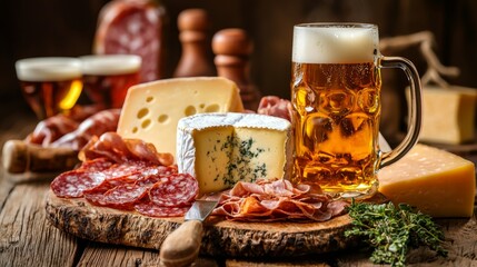 Cheese and Meat Board with Craft Beer - a rustic platter of cheeses, meats, and a pint of beer