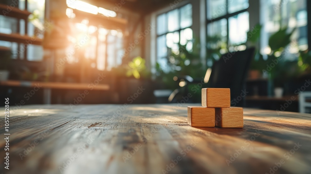 Poster three wooden blocks are artfully balanced on a table illuminated by sunlight, creating an atmosphere