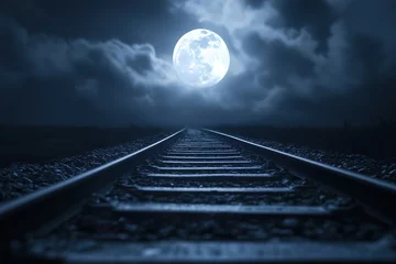 Gordijnen A train track with a moon in the sky , with ample copy space for text. © Nopparat