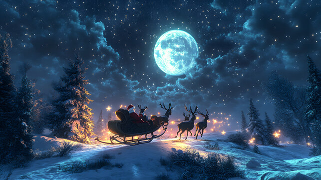 Christmas background, Santa Clause riding his reindeer sleight in the christmas eve, snowy winter landscape illustration