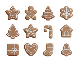 3D render Christmas gingerbread cookies icons collection