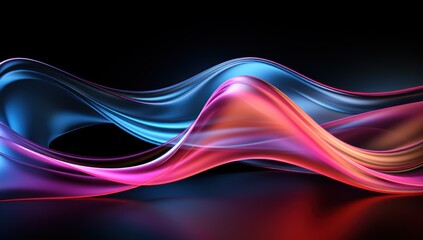 A vibrant, flowing abstract design in blue, pink, and orange against a dark background.