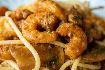 Linguine spaghetti pasta with seafood and shrimp