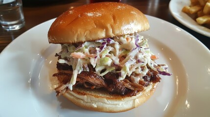 Pulled Pork Sandwich with Slaw - soft bun loaded with pulled pork and coleslaw