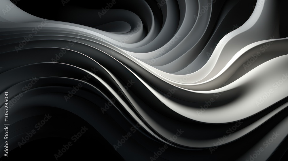 Poster abstract swirling patterns in shades of black and white create a dynamic visual flow.