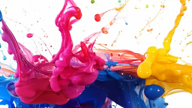 Vibrant video of pink, yellow, and blue paint splashing and mixing against a white background