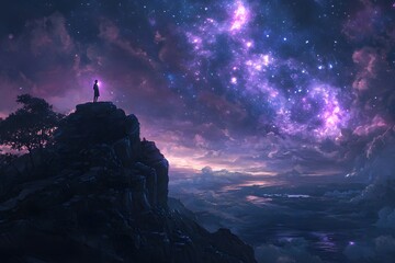 Solitary Figure Gazing at a Starry Night Sky from a Mountaintop