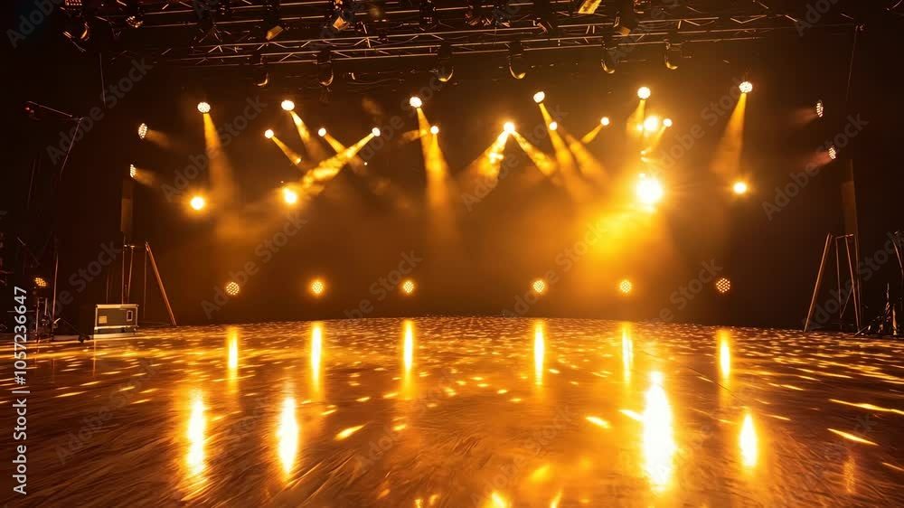 Poster stage lights illuminating sparkling floor creating glamorous atmosphere.