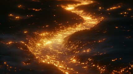 Naklejka premium Erupting Volcano in the Night, Glowing Lava Flow