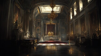 A grand, opulent interior featuring ornate decorations, chandeliers, and a regal atmosphere.