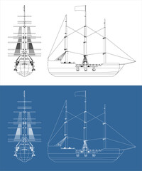 side view pirate ship line vector technical drawing blueprint isolated on transparent background