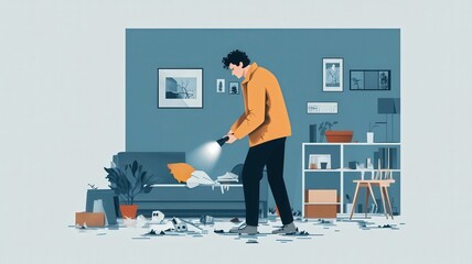 Messy Living Room Illustration with Character Holding Flashlight