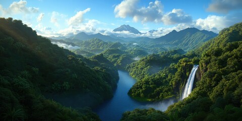 Obraz premium Majestic Waterfall in Lush Tropical Rainforest with Mountain Views