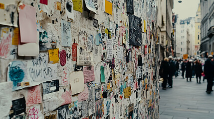 Wall covered in colorful posters and flyers in a busy city street.