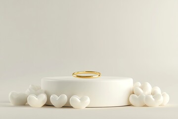 Cream white podium with hearts and golden ring. Valentine's Day, Wedding, Anniversary. Podium for product, cosmetic presentation. Mock up. Pedestal or platform for beauty products. with generative ai