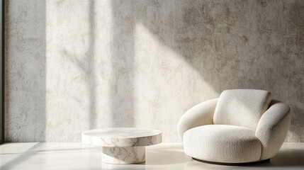 Cozy Modern Living Room: Oversized Cream Boucle Armchair, Soft Lighting, Minimalist Design, and...