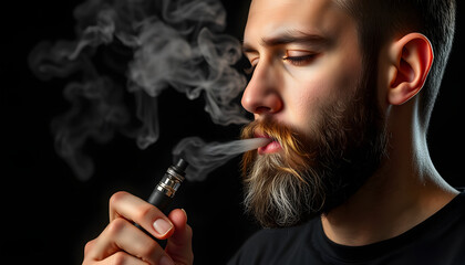 Obraz premium Man with vaping mod exhaling steam at black studio background. Bearded guy smoking e-cigarette to quit tobacco. Vapor and alternative nicotine free smoking concept isolated with white highlights, pn