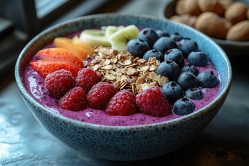 A blue bowl filled with a berry smoothie topped with granola, blueberries, raspberries, strawberries, kiwi, and peach slices.