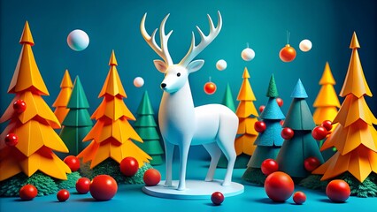 Christmas Reindeer. Holiday template with 3D set character deer and festive decoration with winter pine branches, spruce tree. Collection background in Merry Christmas and Happy New Year design style.