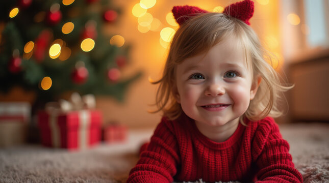 Adorable Child Enjoying Christmas Moment with Gifts and Cozy Firelight Ambiance