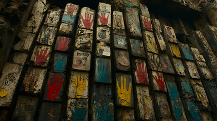 Colorful handprints painted on weathered wooden boards.