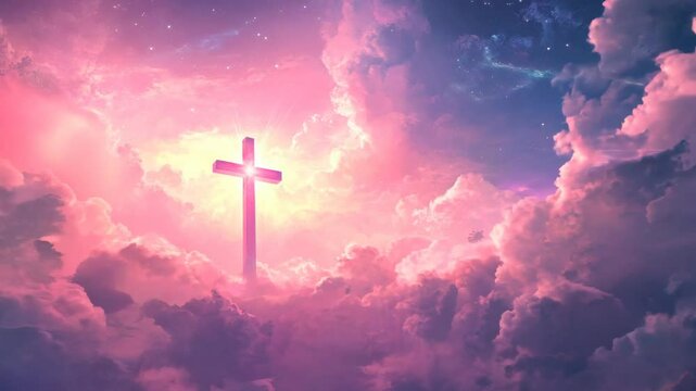 Cross floating gracefully in luminous sky radiating light.
