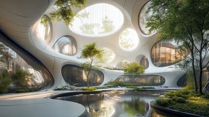 Futuristic Architectural Environment with Greenery and Water Feature