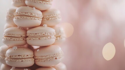 Obraz premium Close-up of a delicate French macaron tower, pastel colors, soft lighting, elegant