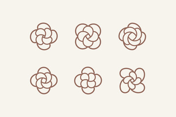 Flower design element with spiral. Set of 6 geometric shape with swirl element. Modern linear design emblem of bloom.